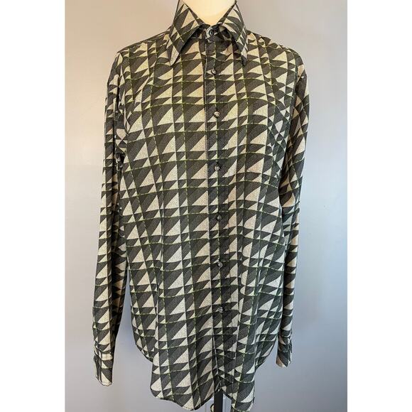 Vtg 70s Geometric Abstract Pointillism Button Front Disco Shirt Dagger Collar LG - Picture 2 of 10